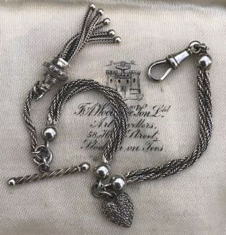 Antique Victorian / Edwardian Sterling Silver Heart Charm Albertina Bracelet
