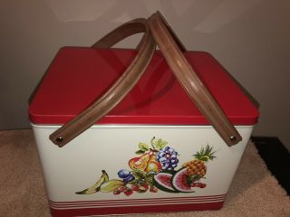 Vintage Tin Metal Picnic Basket Bread Box Storage Fruit Design