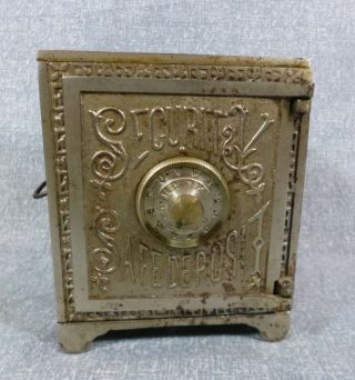 Antique Large Sized Nickeled " Security Safe Deposit " Cast Iron Still Bank