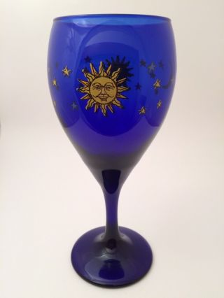 Vintage Libbey Cobalt Blue Glass Goblet Sun Moon Stars Celestial
