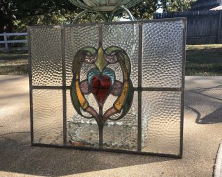 Vintage Handcrafted Leaded Stained Glass Window Panel 21 X 17 Multicolored Heart