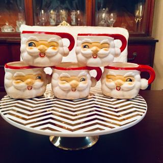 5 Piece Set 1960 Holt Howard Winking Ceramic Santa Mugs Vintage Christmas Japan