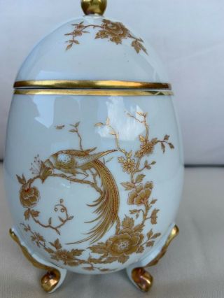 Antique Porcelain French Limoges Egg Shape Box Gilded Ornaments Bird