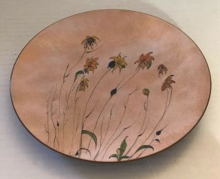 Lilyan Bachrach Pink Enamel Copper Art Plate Modern Flower Painting Rare