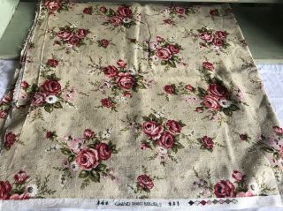 Vintage French Fabric Floral Barkcloth Pink Roses Furnishing Textile - 90 " X 48 "