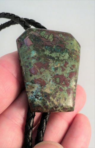 Vintage Mottled Green Red Blue Stone Bolo Tie Leather Ties,  Faceted Stone Tips