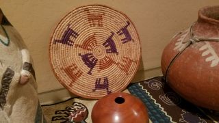 Vintage Early 1980’s Navajo 12” Round Coiled Pictorial Basketry Plaque,  Tray