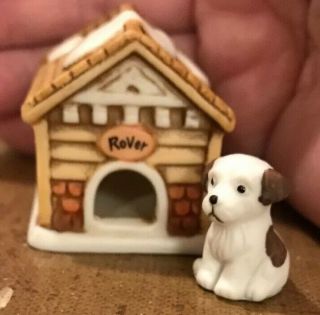 Vtg Lefton Colonial Village 1992 " Rover” Dog House 00458 & Puppy Hand Painted