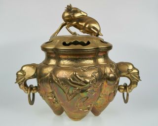 Vintage / Antique Large Chinese Brass / Bronze Dragon And Deer Censer