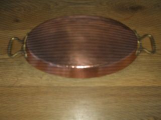 Vintage French Copper Roasting Pan Baking Dish Oven Table Tin Lined Brass Handle