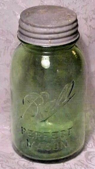 Vintage Old Antique Green Not Blue Rare Ball Mason Jar Quart Galvanized Zinc Lid