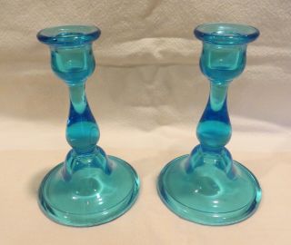Vintage Blue Glass Candlesticks 6 1/2 "