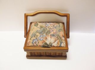 Vintage Wicker Wood Sewing Basket Box Floral Tapestry Lid Single Handle 7 " Square