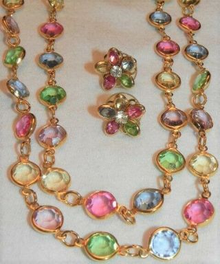 Vintage Bezel Set Signed Pastel Austrian Crystal Bead 30 " Necklace Earring Set