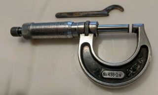VINTAGE L.  S.  STARRETT MICROMETER.  No.  436 - 1 IN.  with wrench 2