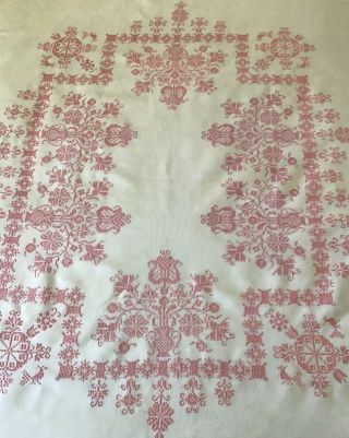 Exquisite Large Vintage Linen Hand Embroidered Tablecloth Lace Trim 67”x 57”