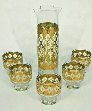 6 Pc Vintage Mid Century Culver Green Gold Valencia Cocktail Pitcher & Glasses