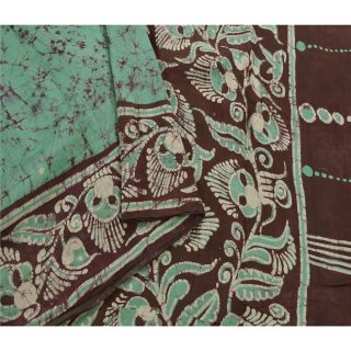 Sanskriti Vintage Green Saree Pure Silk Batik Work Craft Fabric Premium Sari