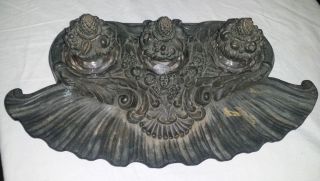 Antique Vtg Ornate Victorian Bronze Brass Triple Desk Inkwell W.  Pen Tray