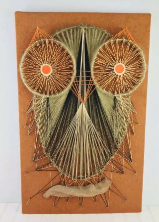Vintage Mid Century Owl String Art Wall Hanging Nail Brown Orange 60s 70s Retro