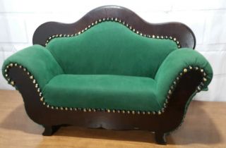 Vintage Upholstered Doll Wood Sofa Couch - Green & Brown - 17 " W X 11 " H X 7 " D.