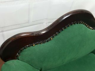 Vintage Upholstered Doll wood Sofa Couch - green & Brown - 17 