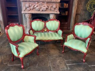 Early Bespaq Miniature Dollhouse Parlor Sofa 2 Matching Armed Chairs Upholstered