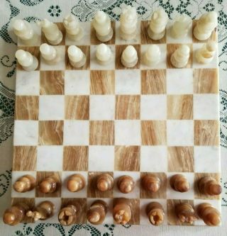 Vintage Marble Stone 32 Piece Brown And White Chess Set And Board