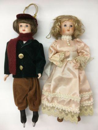 Set Of 2 Porcelain Doll Ornament,  Vintage,  7 ",  Boy Skater And Victorian Girl