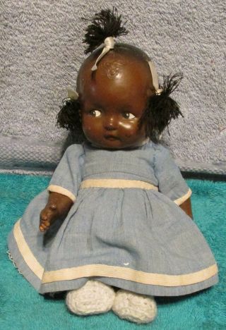 Antique 9 " Strung Composition Black Doll 3 Sprigs Of Thin Yarn Hair Dressed Look