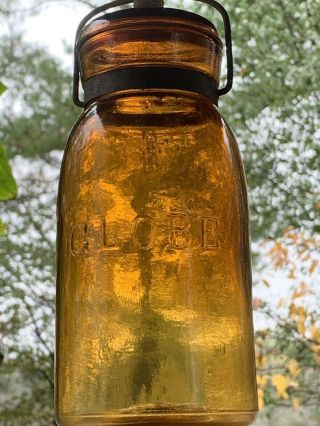 Antique Amber Globe Quart Fruit Jar 1886 Matching Lid Two Tones