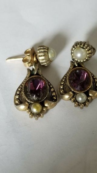 Vintage Dangling Earrings With Imitation Amethyst And Pearls