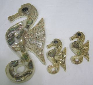 Vtg Set Three Lucite And Abalone Seahorse Wall Plaques Lge 2 Sm Design Gifts