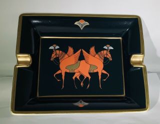 Authentic Hermes Porcelain Cigar Ashtray Dark Green/gold Horse