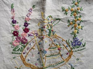 Vintage Hand Embroidered Crinoline Lady Ladies Floral Circlet Linen Tablecloth