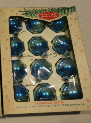12 Vintage Shiny Brite Ombre Blue Silver Christmas Ornaments