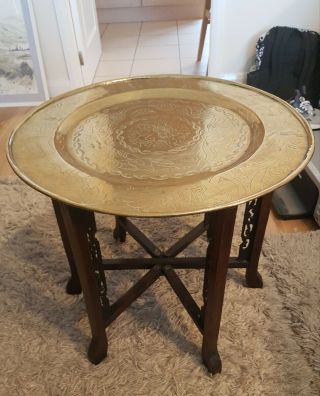 Vintage Antique Anglo Indian Round Brass Tray Top Carved Wood Base Folding Table