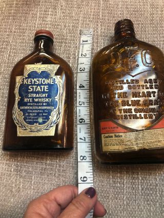 2 Vintage Brown Whiskey Bottles O.  F.  C.  Kentucky & Keystone State 1934 Pa