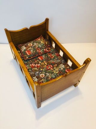 Solid Wood Traditional Floral Fabric Doll Bed With Blanket And Pillow