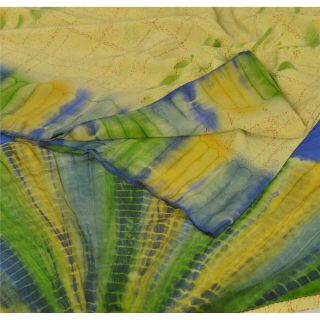 Sanskriti Vintage Cream Saree Pure Crepe Silk Printed Tie - Dye Sari Craft Fabric