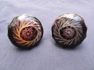 Antique Victorian Ruby Red Glass Pinwheel Cut To Clear Door Knob Set Hardware