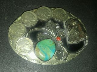 Vintage Large Native American Turquoise Indian Head Nickel And Eagle Belt Buckle