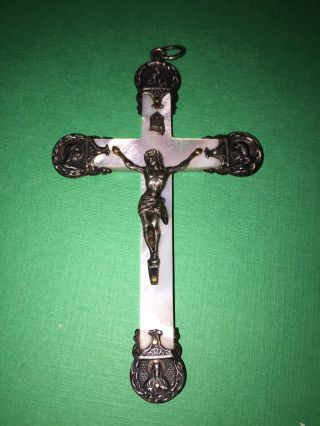 Ornate Sterling Silver Mother Of Pearl Antique Crucifix.  925 Cross Large