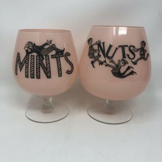 Vintage Mid Century Modern Pink Glass Mints & Nuts Bowls/ Dishes Elf Elves
