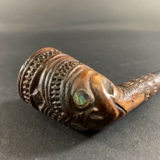 Stunning C.  1900 Maori Zealand Carved Tiki Paua Shell Tobacco Smoking Pipe