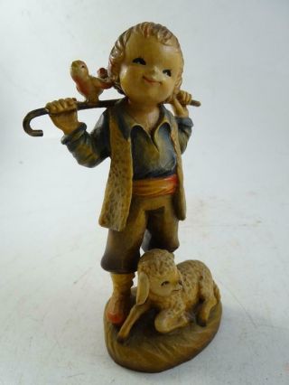 Vintage Anri Hand Carved Wood Italian Italy Figurine Statue Lamb Shepherd 6 " Tall
