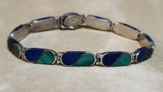 Vintage Sterling Silver Blue Lapis & Green Malachite Bracelet,  7 " Length