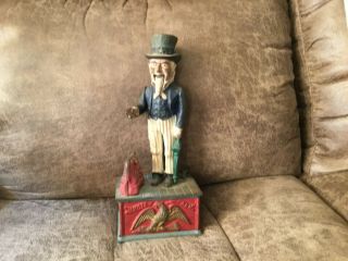 Vintage Cast Iron Mechanical Coin Bank Metal Collectible Toy • Uncle Sam ☆