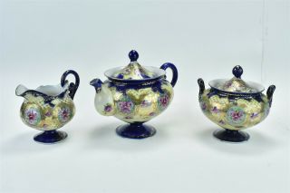 Antique 3 Pc Set Cobalt Trim Floral Footed Tea Pot Cream Pitcher Sugar Bowl 8141