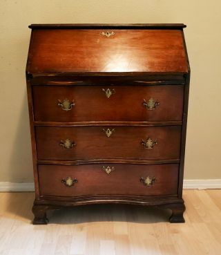 Antique Mahogany Secretary Drop Front Desk,  3 Drawer,  Brass Handles